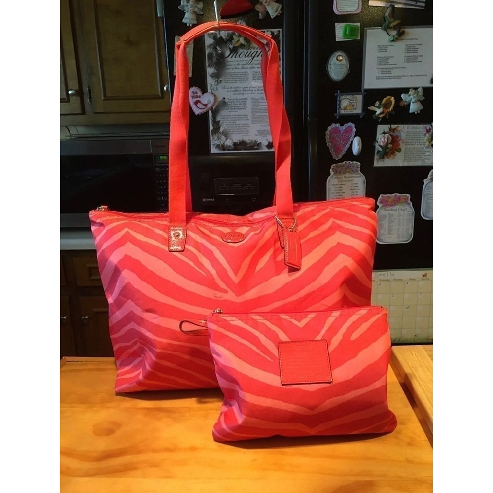 Coach Zebra Print Weekend Travel Tote Bag and Pouch Set Coral Pink Nylon